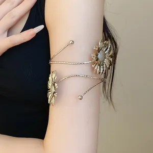 Elegant silver metal sunflower arm cuff bracelet with pleated flower design for women