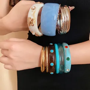 Bohemian Retro Resin Round Bangle Set For Women Vintage Marble Pattern Gold Silver Alloy Bracelet Resort Style Jewelry