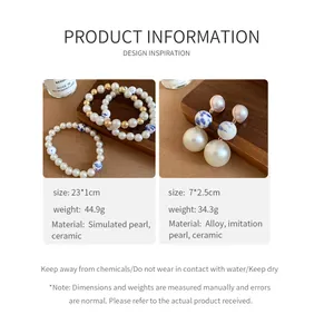 Detailed specification page for vintage ceramic pearl bracelet and drop earring set in English