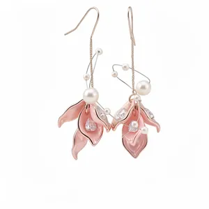 Elegant pink flower petal drop earrings featuring white pearls and sparkling zircon stones