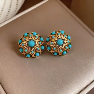 Vintage French court style 18k gold plated floral stud earrings with turquoise beads