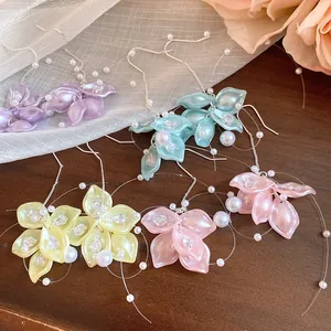 Elegant zircon petal and pearl tassel earrings in multiple colors for vacation style