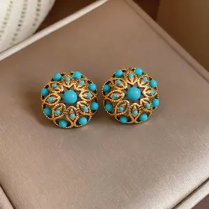 Vintage French style 18k gold plated hollow flower earrings with blue turquoise stones