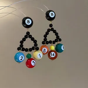 Unique black beaded triangle earrings with colorful numbered pool ball charms for women