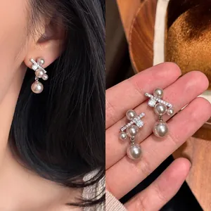 Orecchini a Bottone con Perle Artificiali Minimalisti Coreani per Donna Perno in Argento Sterling 925 Strass Gioielli Geometrici