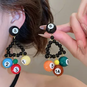 Unique billiard ball beaded triangle earrings with colorful numbered charms.