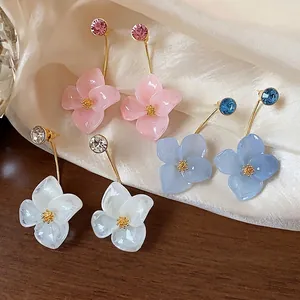18K Gold Plated Resin Flower Stud Earrings with Rhinestone S925 Sterling Silver Earring Post Elegant Floral Jewelry for Women