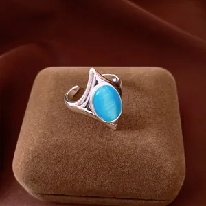 Vintage Palace Style Geometric Open Ring For Women Blue Cat Eye Stone Silver Plated Copper Adjustable Hand Jewelry Gift