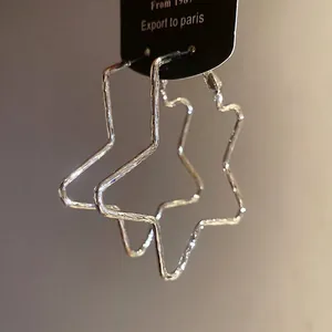 Minimalist large star-shaped hoop earrings with textured silver finish for women fashion