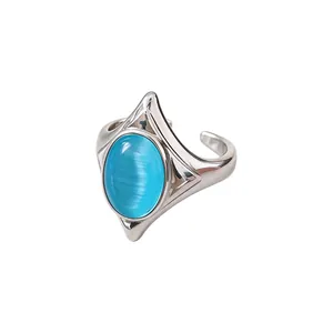 Vintage silver geometric open ring featuring a blue oval cat eye stone for women
