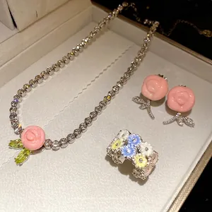 Luxury Copper Zirconia Resin Rose Flower Pendant Necklace Earrings Ring Set For Women Elegant Sweet Clavicle Chain Jewelry Gift