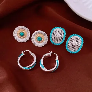 Vintage Silver Post Zirconia Oval Hollow Grid Earrings Retro Bohemian Style Artificial Turquoise Stud Earrings Jewelry For Women