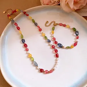 Vibrant dopamine-style multicolor stone and pearl necklace and bracelet set for women