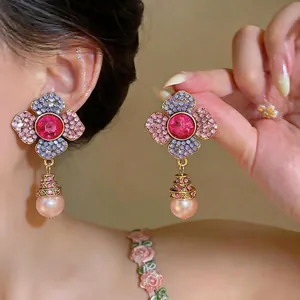 Vintage Alloy Flower Rhinestone Stud Earrings With Artificial Pearl Pendant For Women Light Luxury Party Ear Jewelry