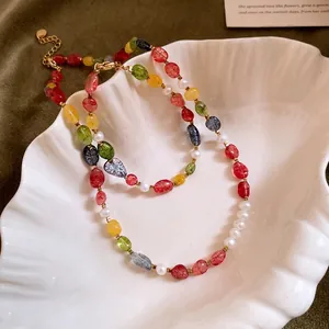 Colorful dopamine-style beaded stone and pearl necklace and bracelet jewelry set