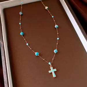 Vintage Blaues Kreuz Anhänger Halskette Retro Kupfer Vergoldet Stein Perlen Kette Halskette Für Damen Luxus Schmuck Geschenk