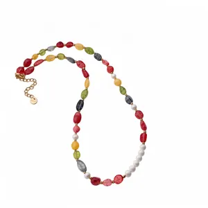 Dopamine colorful gemstone beaded necklace with white pearls and adjustable gold chain