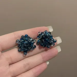 Sweet Clear Grape Cluster Beaded Stud Earrings For Women Elegant Transparent Floral Glass Earrings With Silver Earring Post Jewelry