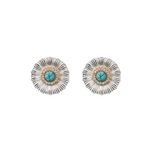 Elegant vintage silver flower stud earrings with turquoise center stone and zircon accents