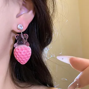 Cute resin strawberry bear earrings with silver needle and zircon accents for women