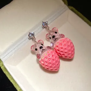 Cute silver needle resin strawberry bear pendant earrings with sparkly CZ studs for women