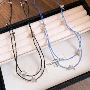 Fashion Layered Glass Beaded Butterfly Pendant Necklace For Women Elegant Electroplated Alloy Clavicle Chain Jewelry