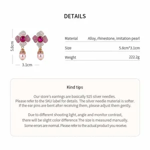 Detailed info for pink flower pearl earrings including 5.8cm size and alloy material.