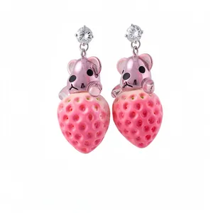Cute pink resin strawberry dangle earrings with zircon studs and metallic bear detail.