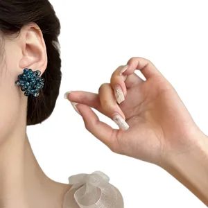 Elegant blue grape cluster beaded earrings worn by Asian model, sweet spring summer style