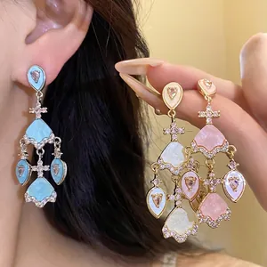 Boucles d'Oreilles Gland en Acétate Goutte d'Eau Style Vintage de Cour Avec Incrustation de Zirconia Plaquée Or Tige en Argent