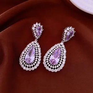Women Elegant Vintage Copper Purple Zirconia Water Drop Hollow Pendant Earrings With Silver Earring Post Fashion Jewelry