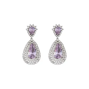 Elegant silver drop earrings with lavender teardrop crystals and hollow pave-set detail