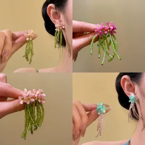 Romantic Hand-beaded Glass Flower Tassel Stud Earrings For Women Spring Style Floral Drop Earrings Jewelry Gift