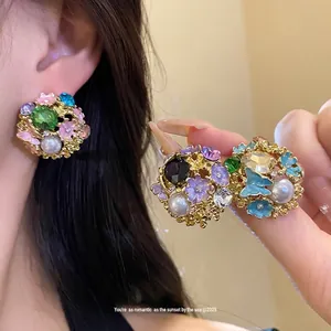 Vintage Palace Style Flower Stud Earrings For Women Light Luxury Alloy Enamel Rhinestone Artificial Pearl Jewelry Gift