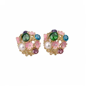 Exquisite vintage floral stud earrings featuring colorful gemstones and white pearls