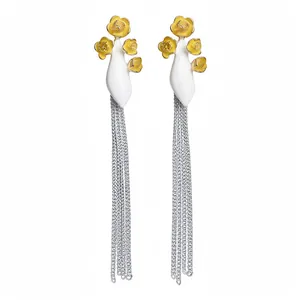 Boucles d'oreilles vintage à pampilles avec fleurs en émail jaune et longues chaînes