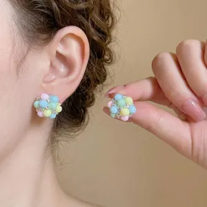 Colorful macaron bead cluster stud earrings with rhinestones and silver-plated base