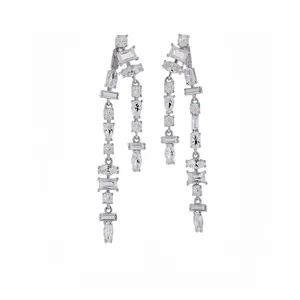 Elegant silver-colored long tassel earrings with sparkling clear geometric zircons.
