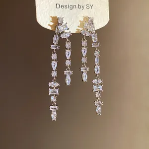 Elegant cubic zirconia long tassel earrings with minimalist geometric design