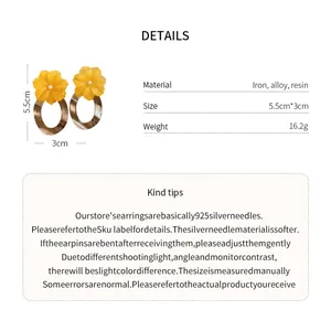 Detail view of resin flower oval dangle earrings with dimensions and specs