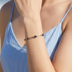Elegant stainless steel paperclip bracelet with blue rhombus crystals for women