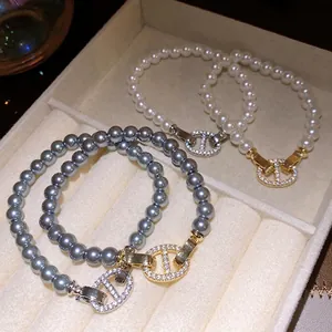 Französisches Vintage Künstliche Perlenarmband Strass Ankerketten Verschluss Legierung Mode Schmuck Für Damen Elegantes Accessoire