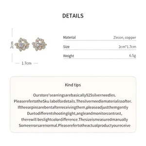 Detailed view of elegant zircon cluster earrings with dimensions and material specs.