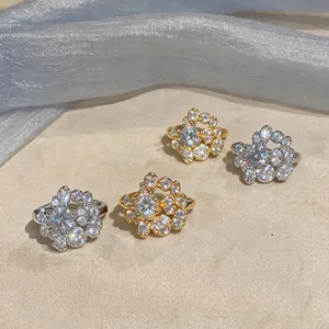 Luxury French style circular floral zirconia clip-on earrings for non-pierced ears gold silver