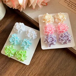 Sweet Resin Rose Flower Stud Earrings Set With Silver Post Macaron Color Floral Earrings For Women Vacation Jewelry