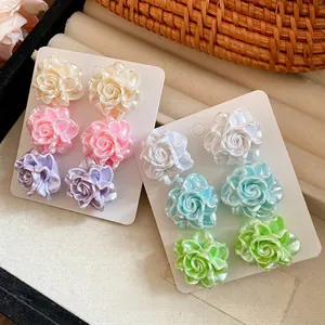 Six-piece set of colorful resin flower stud earrings in sweet pastel tones