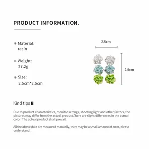 Detailed specification of resin flower earrings showing 2.5cm size and 27.2g weight