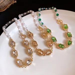 Vintage Hofstil Legierung Strass Künstliche Perle Halskette Für Damen Luxus Oval Kristall Schlüsselbeinkette Schmuck