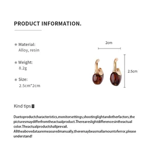 Detailed specifications for retro C-shaped resin earrings with size and weight info.