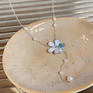 Elegant silver flower pendant necklace with white pearls and adjustable dainty link chain